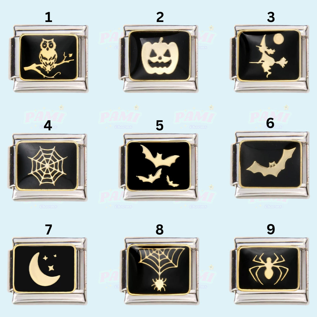 Set of nine Italian charms by Pami Charms featuring Halloween designs including owl, pumpkin, witch, spider webs, bats, moon, and spider