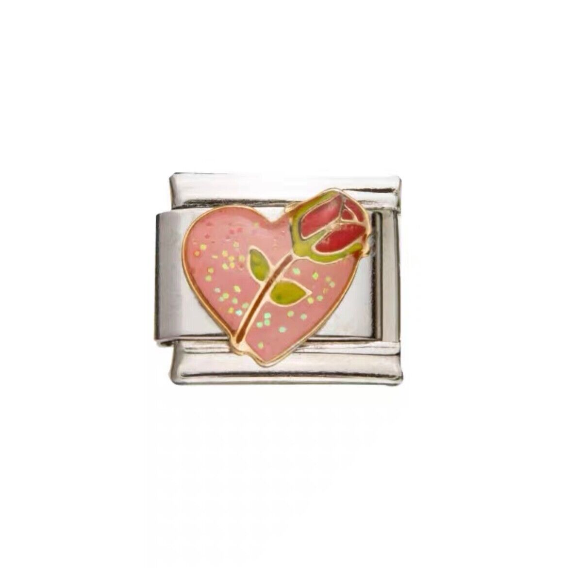 Pami Charms Italian charms featuring a pink heart with a red rose detail on silver base