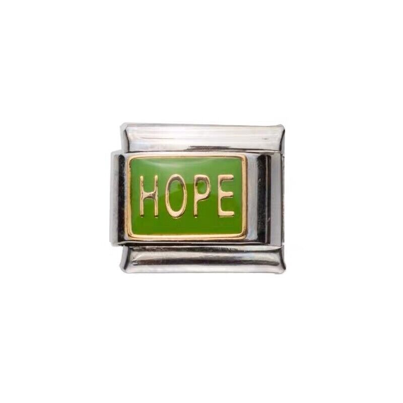 Pami Charms Italian charms with green enamel and gold HOPE inscription on silver base