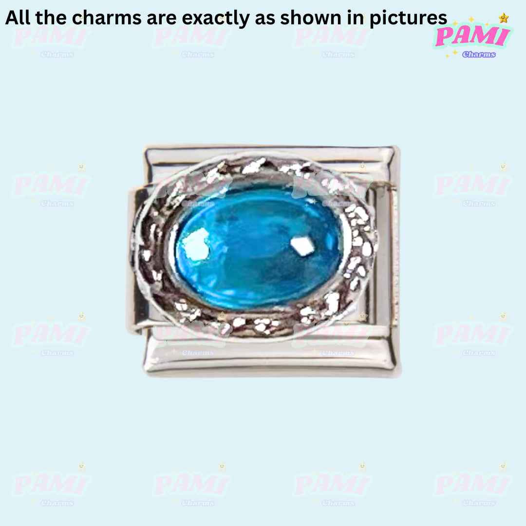 Pami Charms Italian charms silver link with blue oval gemstone centerpiece