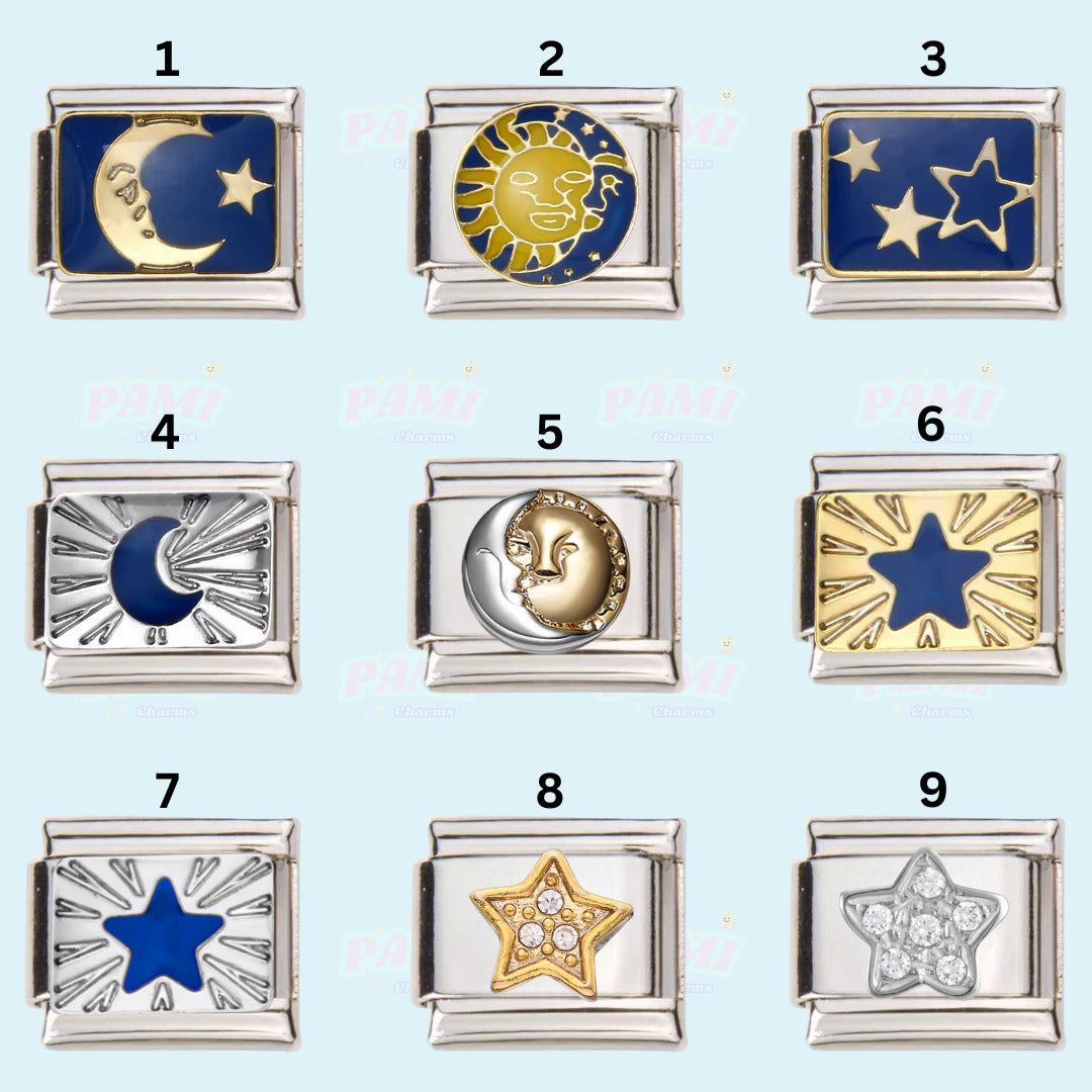 Pami Charms italian charms with moon and star designs in silver and gold tones