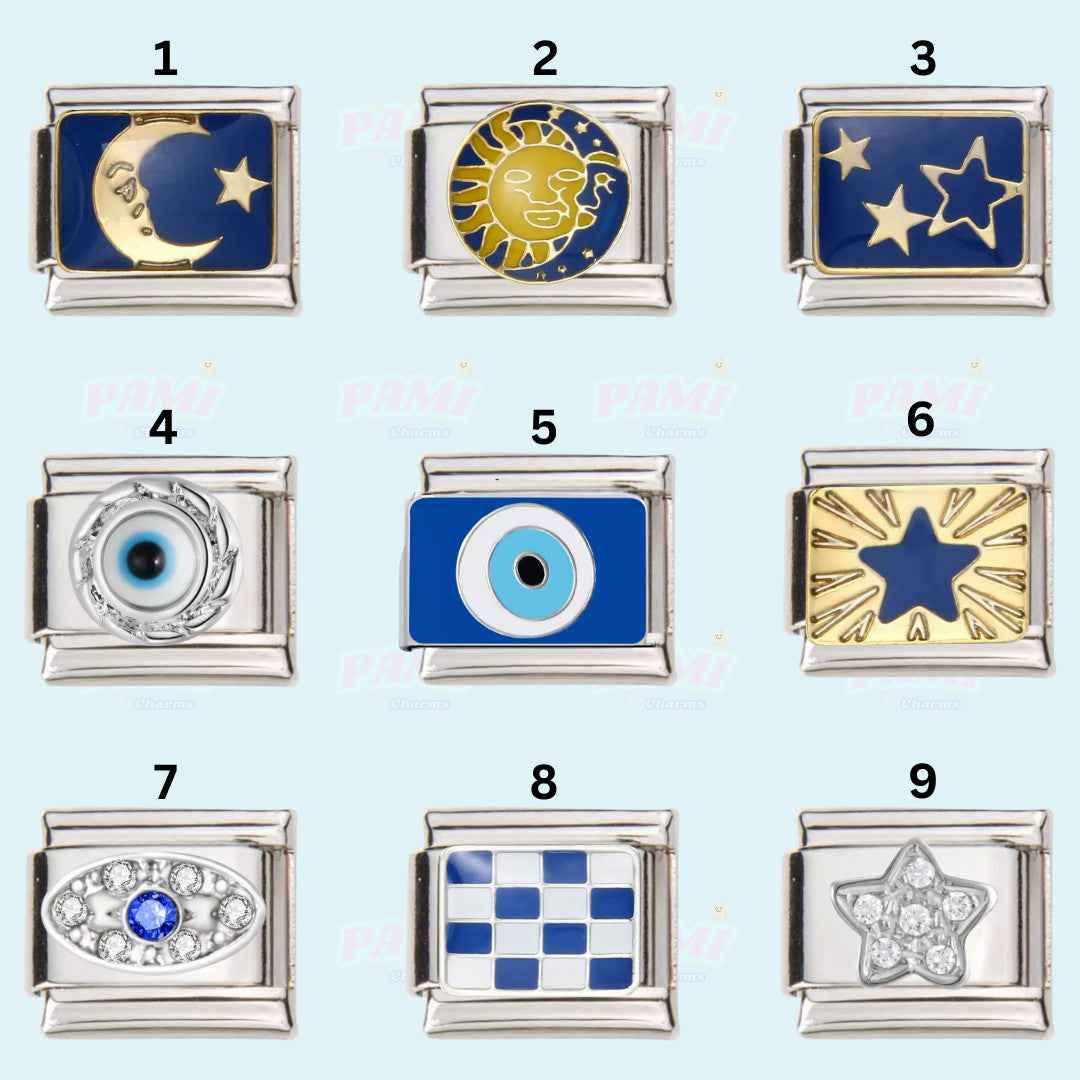 Set of nine Italian charms featuring moon, sun, stars, evil eye, and decorative designs by Pami Charms