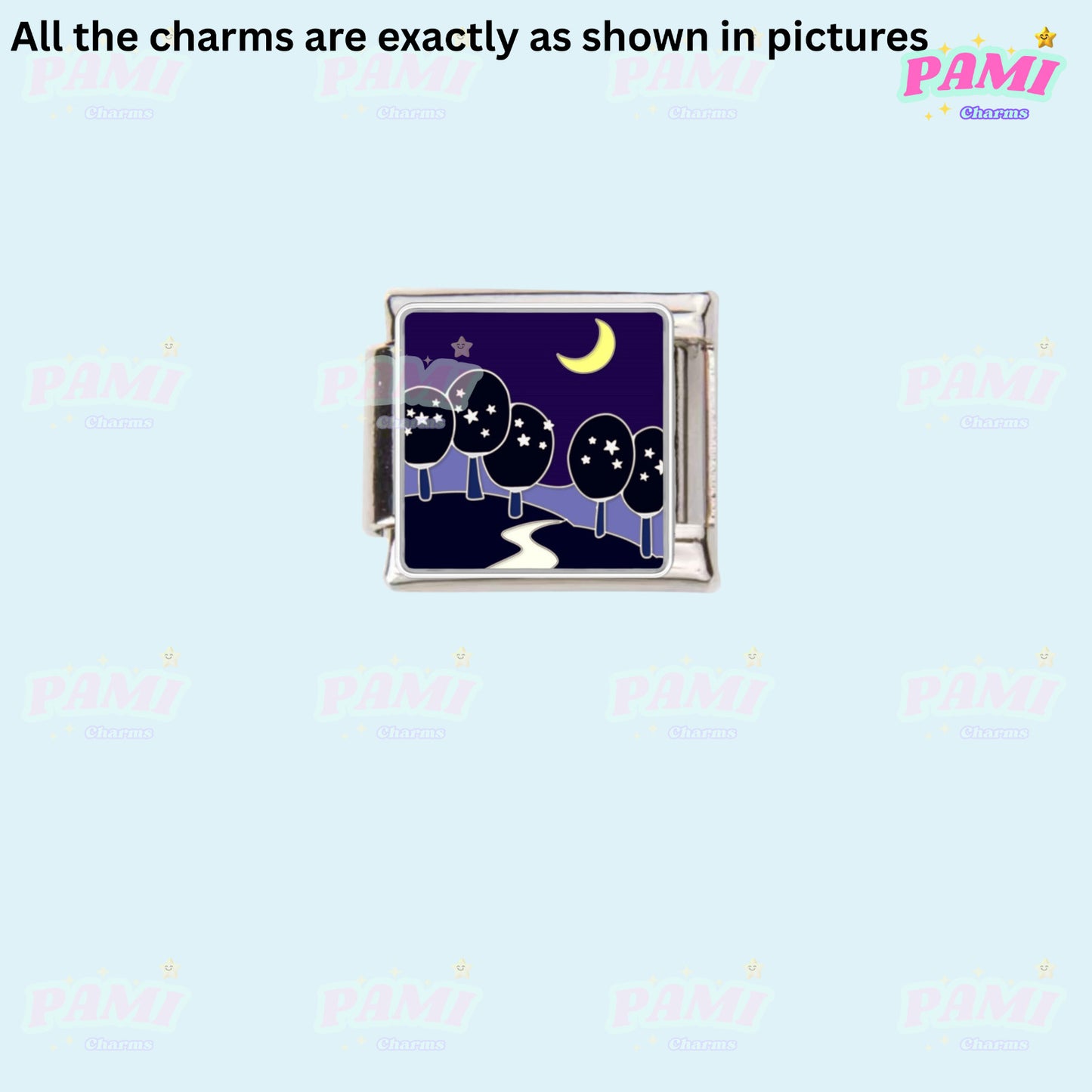 Pami Charms Italian charms featuring a night scene with crescent moon and starry sky on trees
