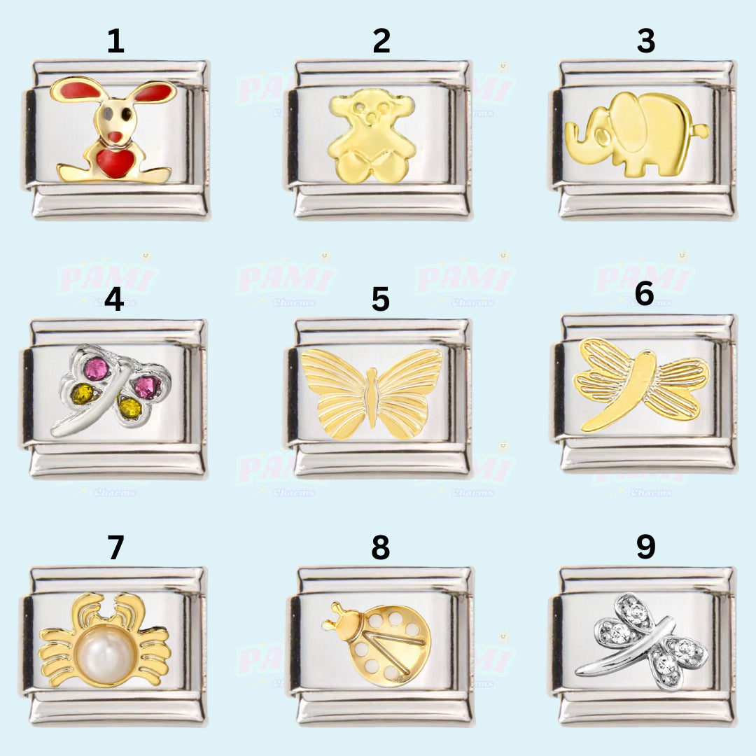 Set of nine Pami Charms italian charms featuring animals and nature designs in gold and silver tones