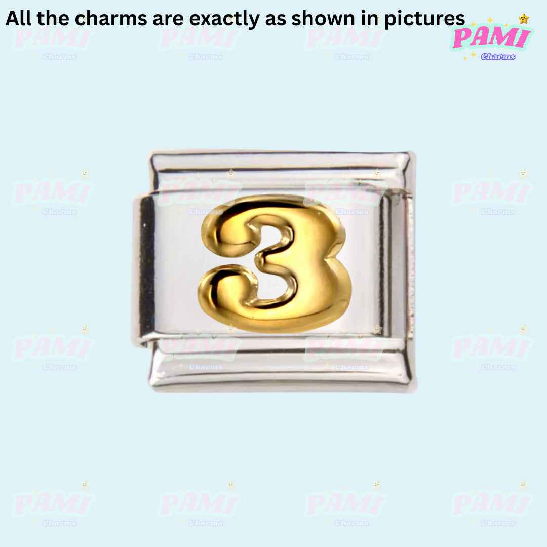 Pami Charms silver Italian charm with a gold number 3 design for customizable bracelets