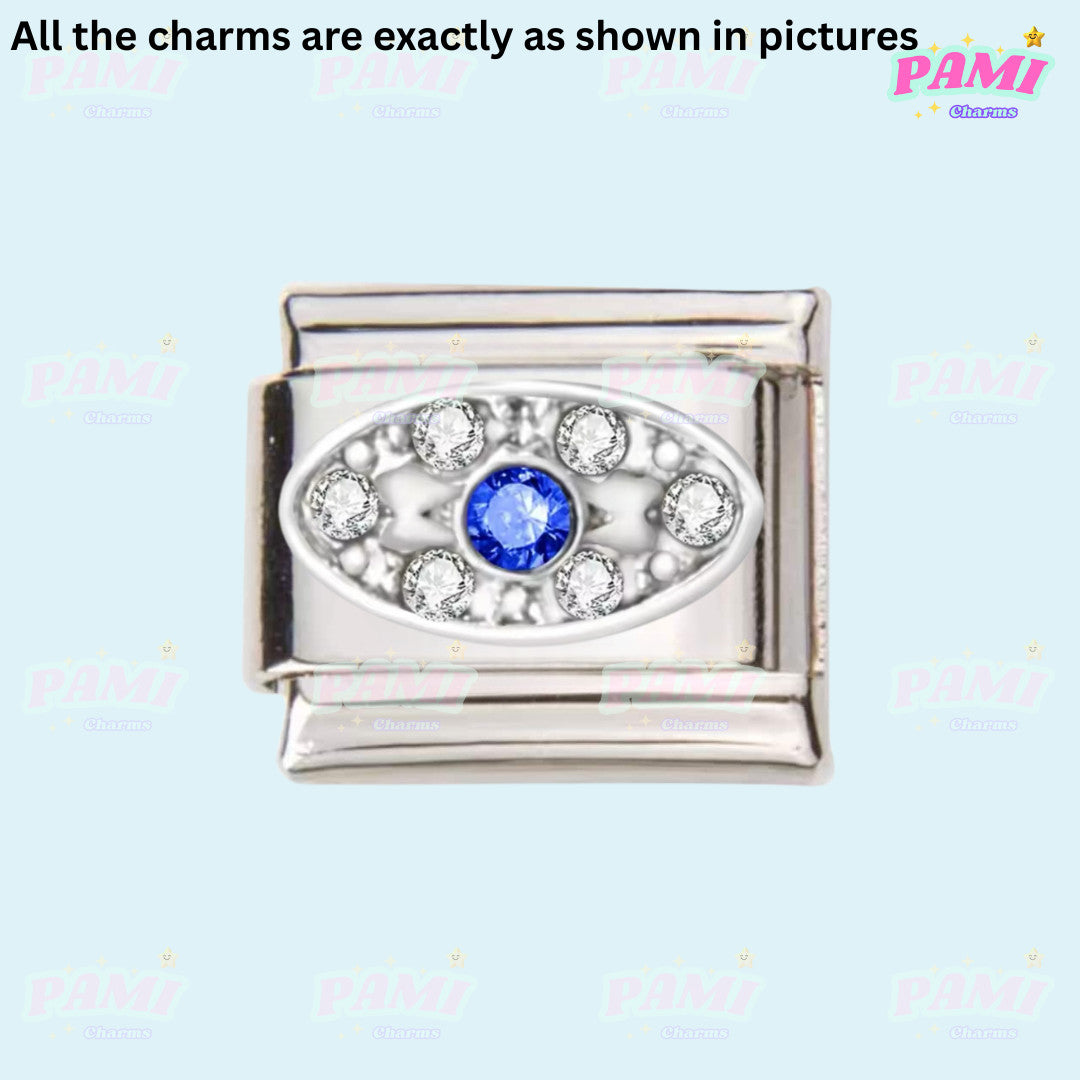 Pami Charms silver italian charms with blue center stone and clear crystals design