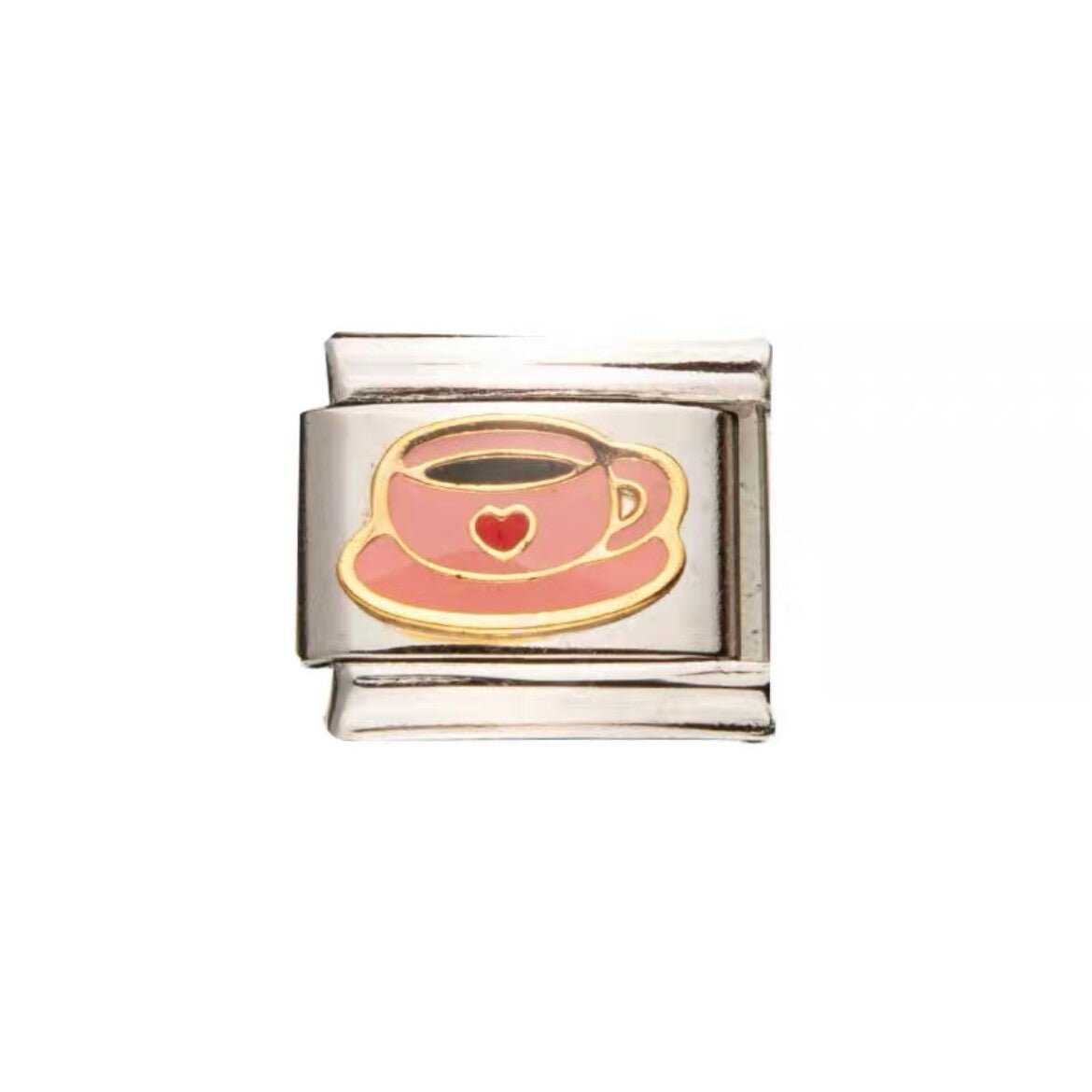 Pami Charms Italian charms featuring a silver link with a pink coffee cup and heart design