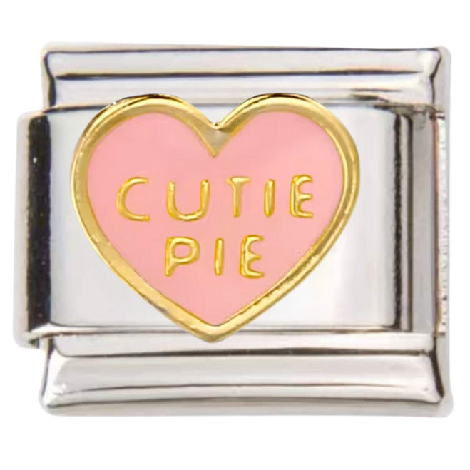 Pami Charms silver Italian charms link with pink heart and gold trim reading Cutie Pie