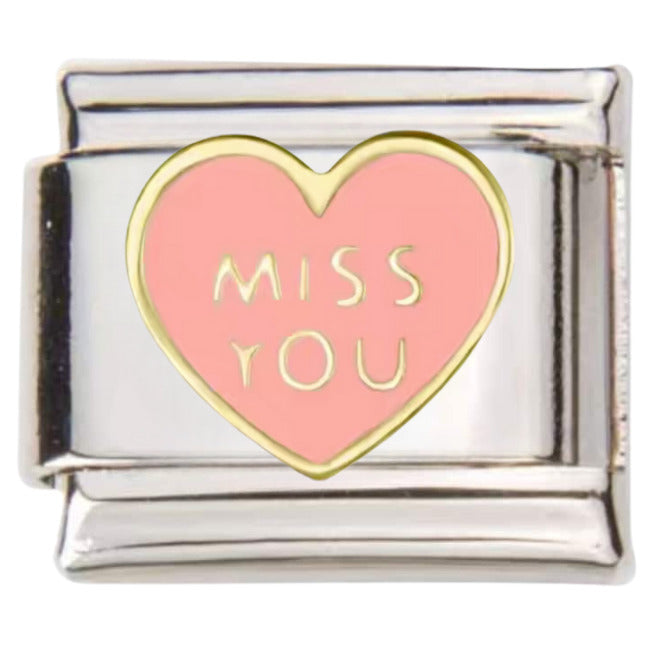 Pami Charms Italian charms silver link with pink enamel heart and miss you inscription