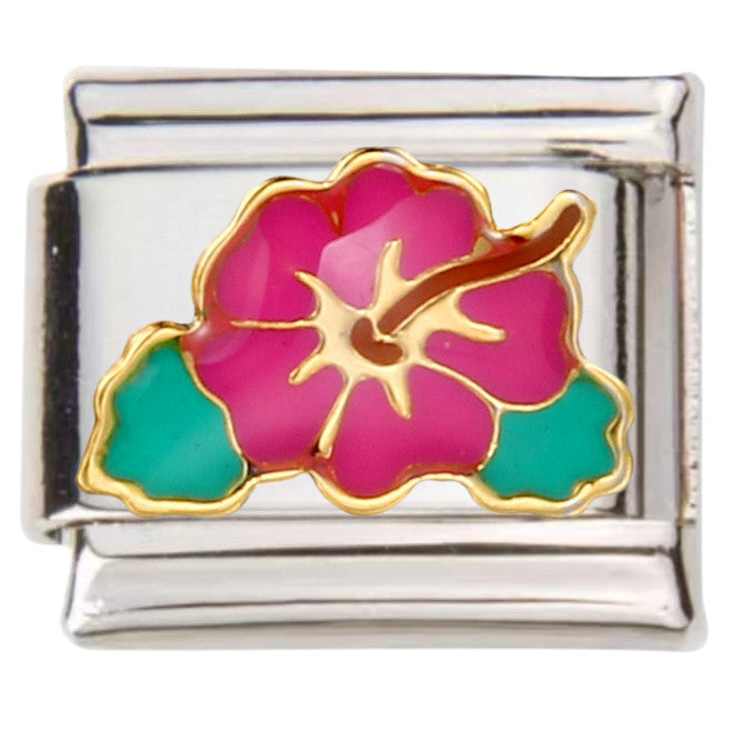 Pami Charms Italian charms featuring a silver link with pink and green flower design