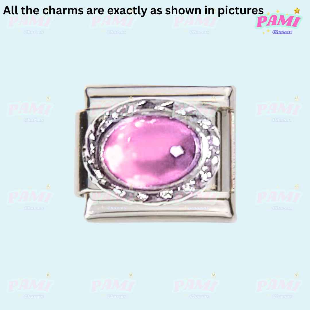 Pami Charms Italian charms with a silver base and oval pink gemstone centerpiece