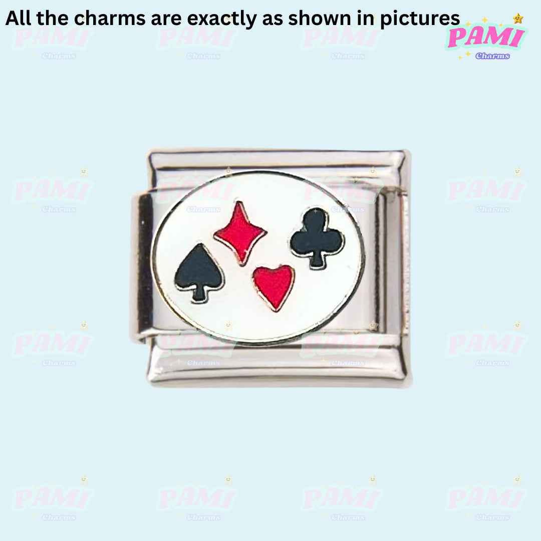 Pami Charms Italian charms featuring playing card suit symbols on a silver base