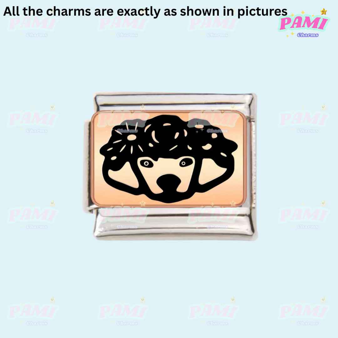 Pami Charms Italian charms featuring a stylish black poodle dog design on a silver and rose gold link