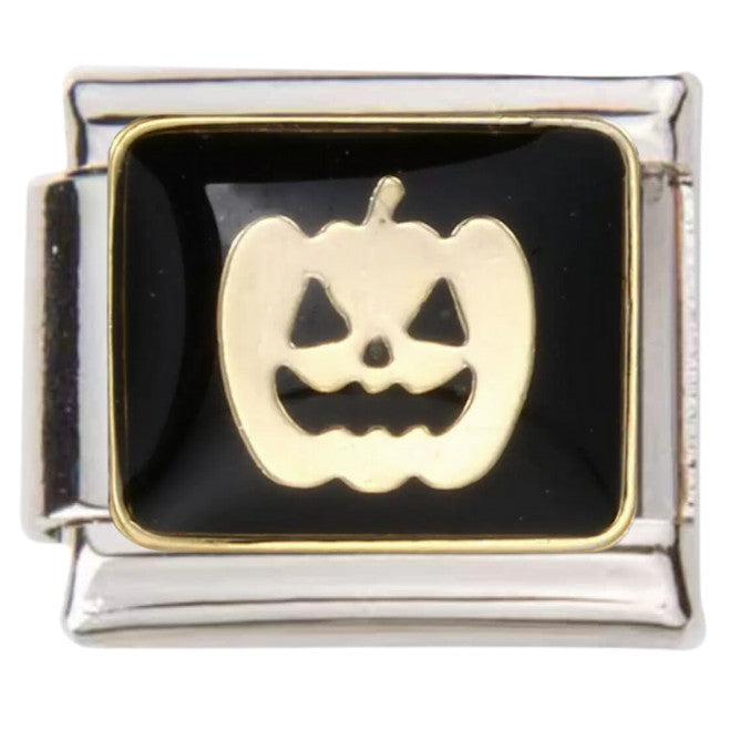 Pami Charms Italian charms featuring a silver Halloween pumpkin with black background charm