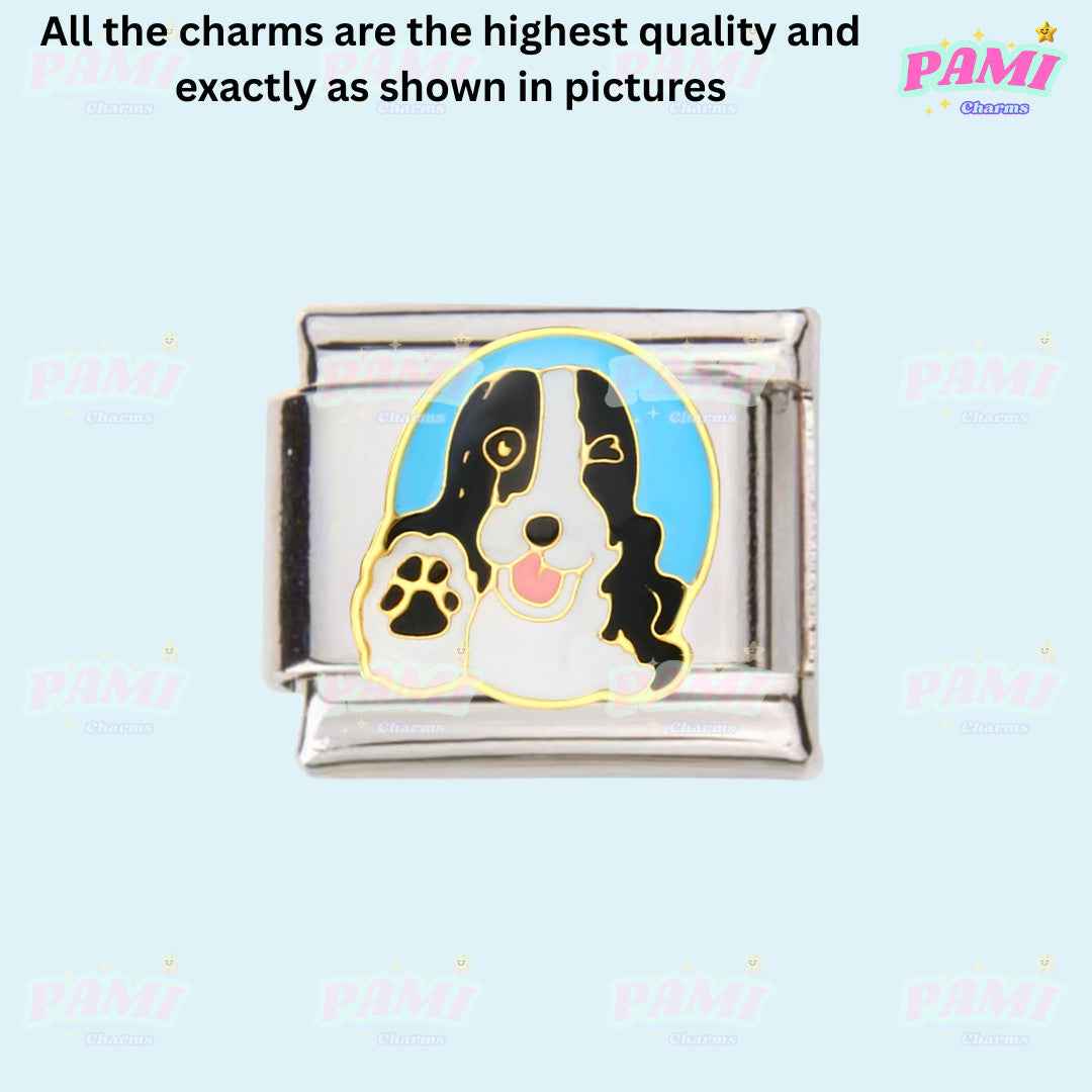 Pami Charms silver Italian charms with a cute black and white dog paw print design