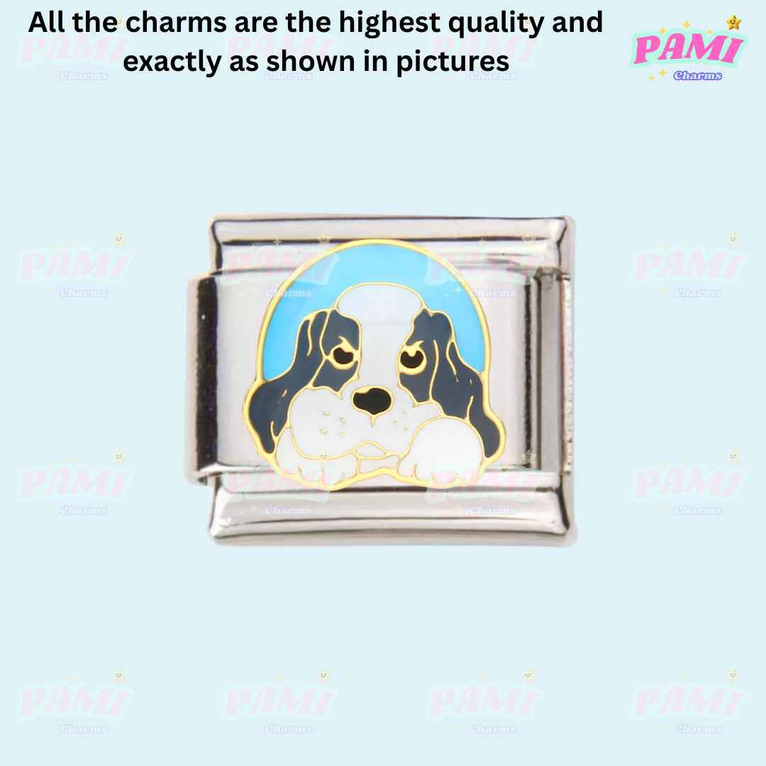 Pami Charms Italian charms featuring a cute dog face design in silver and enamel