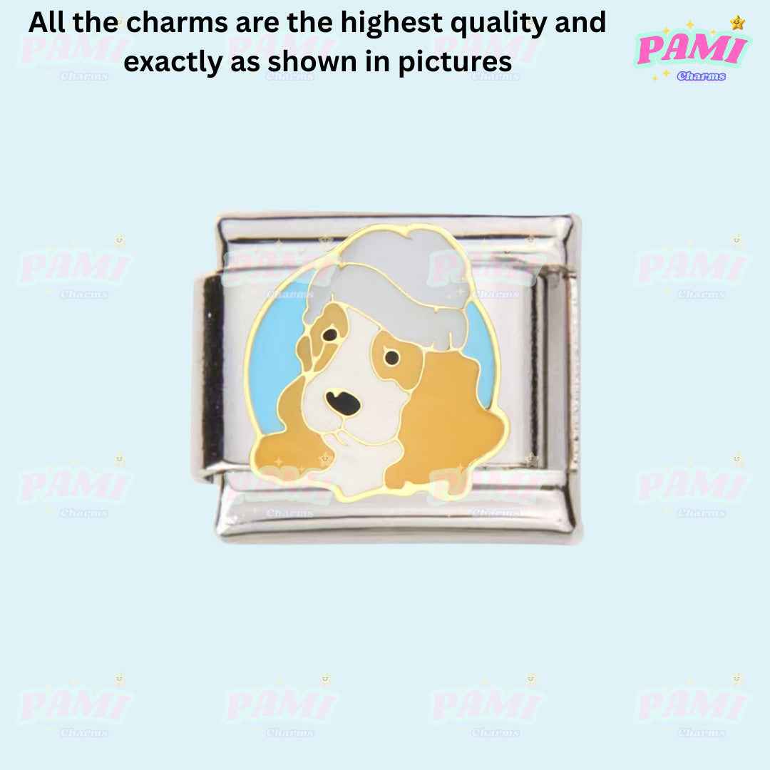 Pami Charms Italian charms featuring a cute dog wearing a blue cap on a silver base