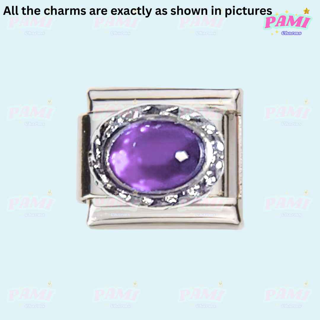 Pami Charms silver Italian charms with a purple oval gemstone centerpiece