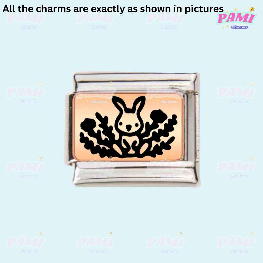 Pami Charms Italian charms featuring a rabbit design with black detailing on a rose gold and silver base