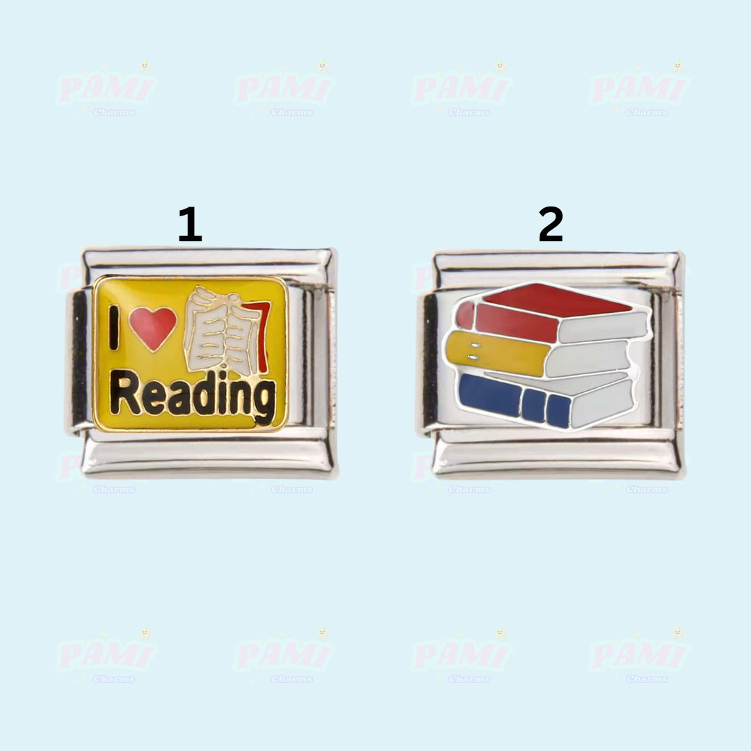Pami Charms Italian charms featuring I love reading and stack of colourful books designs