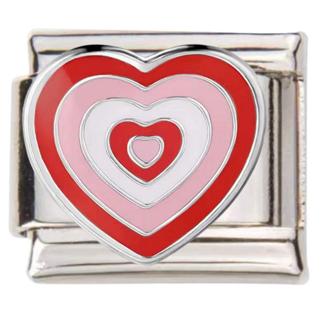 Pami Charms Italian charms featuring a layered red pink and white heart design on silver base