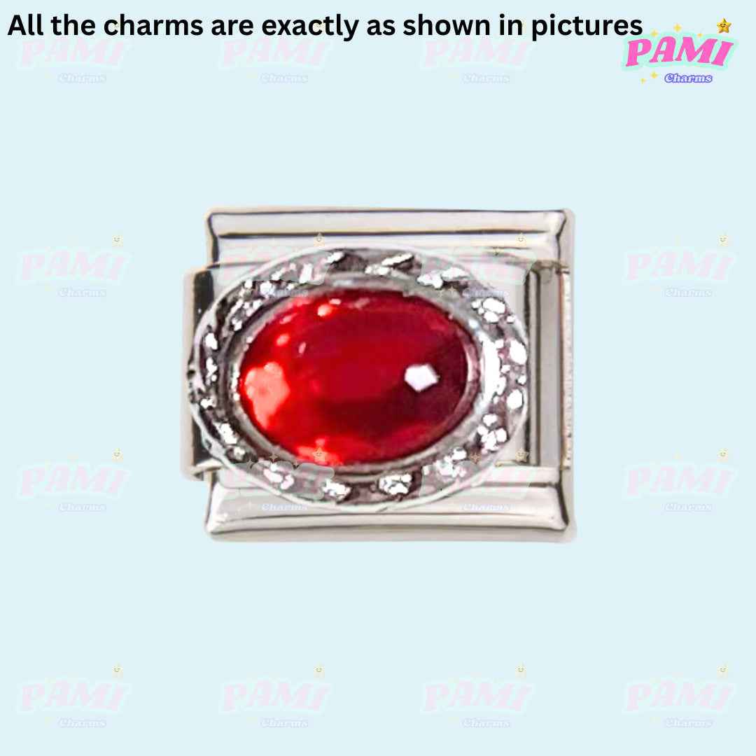Pami Charms Italian charms silver link with red oval gemstone centerpiece