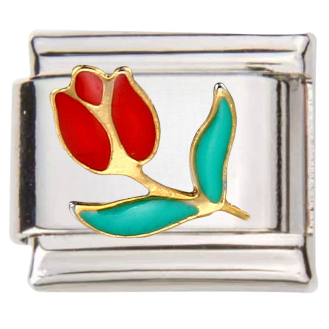 Pami Charms silver Italian charm with red and green enamel flower design