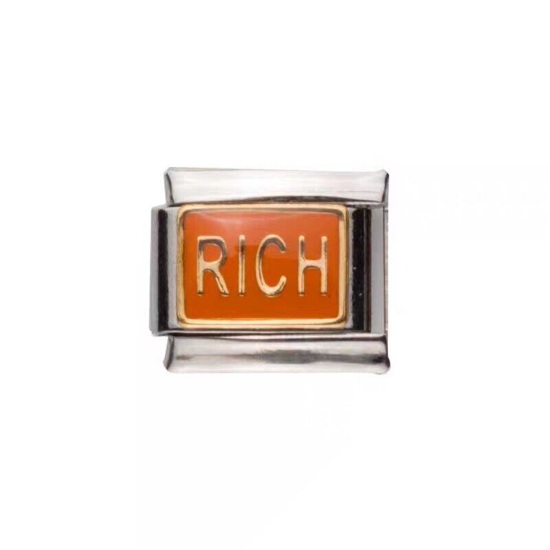 Pami Charms Italian charms silver bracelet link with orange rectangular plate and RICH inscription