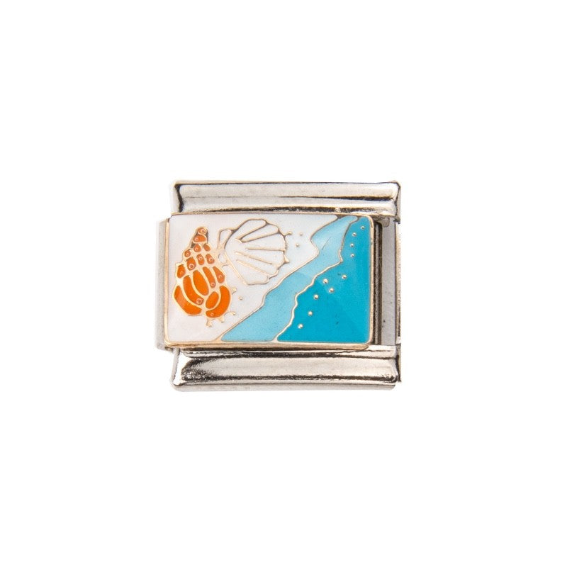 Pami Charms Italian charms featuring a vibrant shell design on a blue background