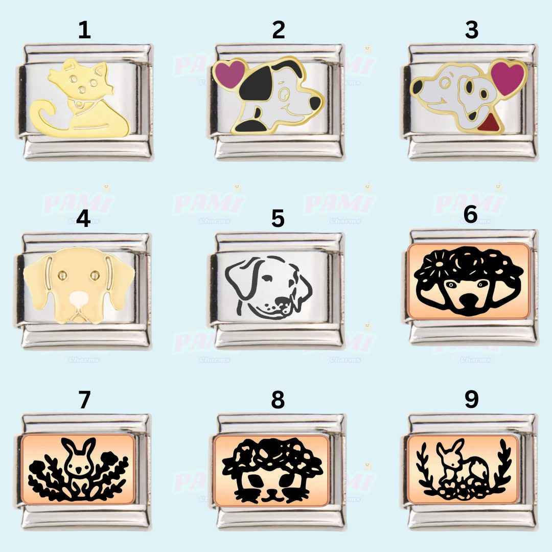 Pami Charms Italian charms featuring dog and cat designs in various colors with heart accents