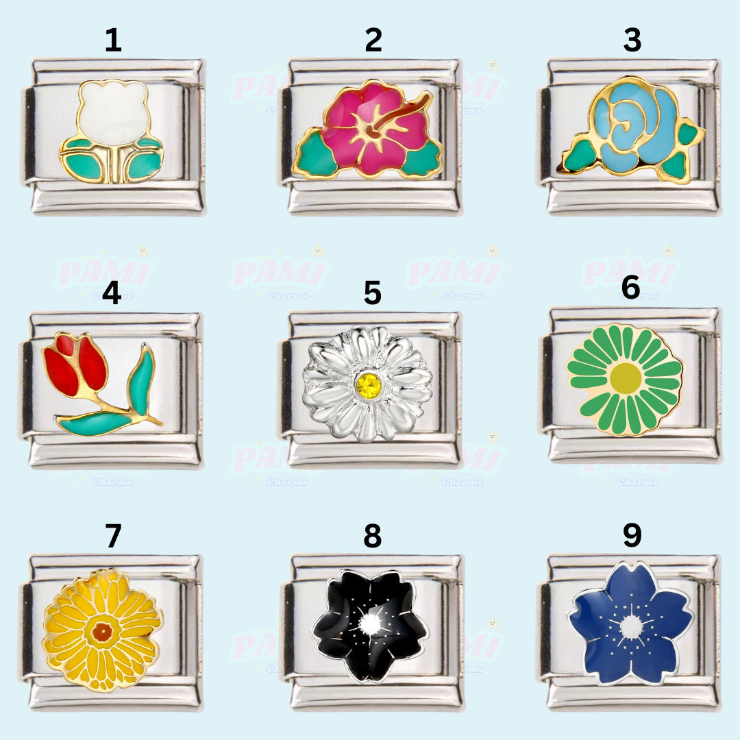 Set of nine floral italian charms with colourful enamel designs by Pami Charms