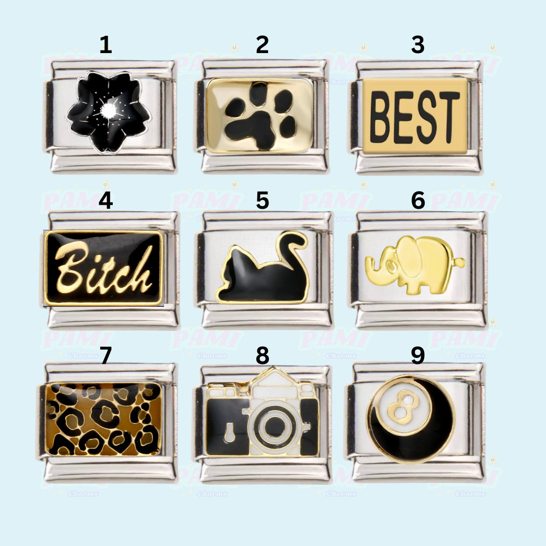 Set of nine Pami Charms italian charms featuring various designs including a flower, paw print, best, swan and elephant