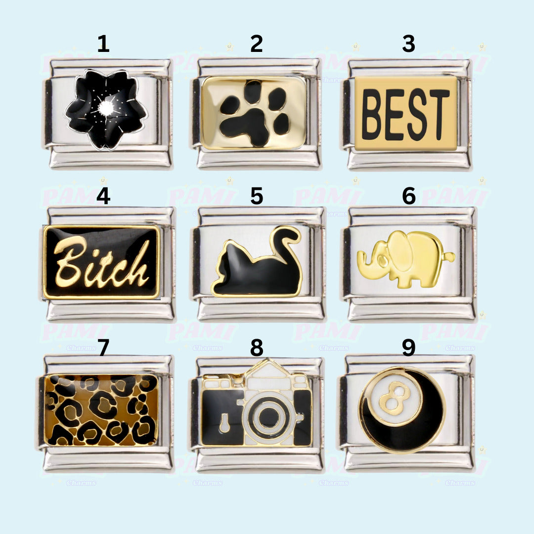 Pami Charms collection featuring assorted italian charms including paw print, best, swan, elephant, camera, and leopard designs