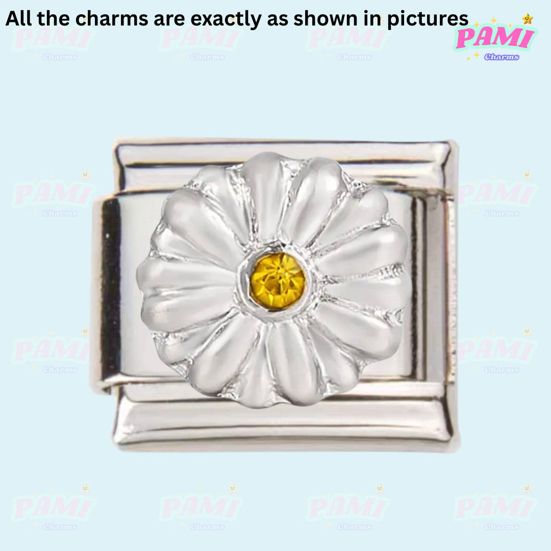 Pami Charms silver flower italian charms with yellow gem centre for charm bracelets