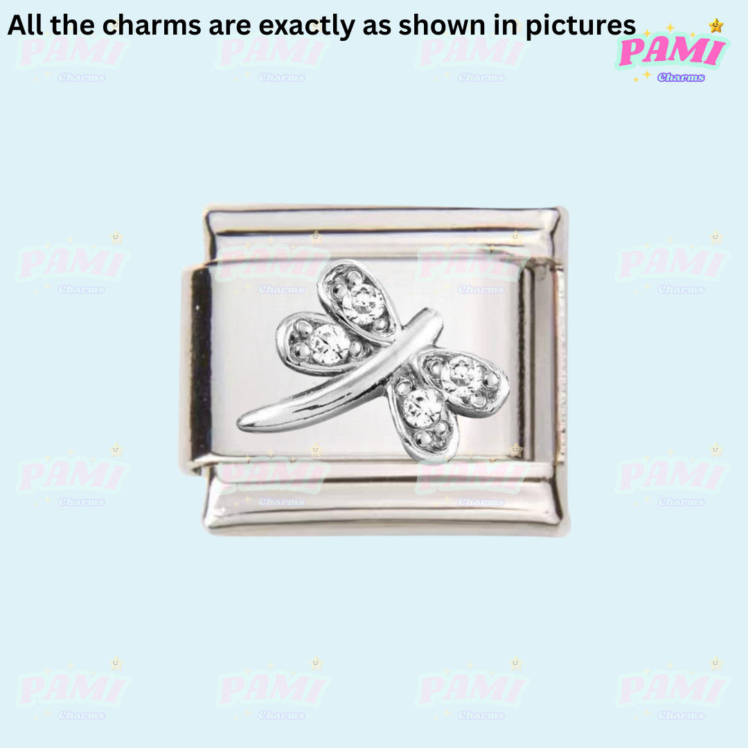 Pami Charms silver Italian charms featuring a detailed dragonfly design with embedded crystals