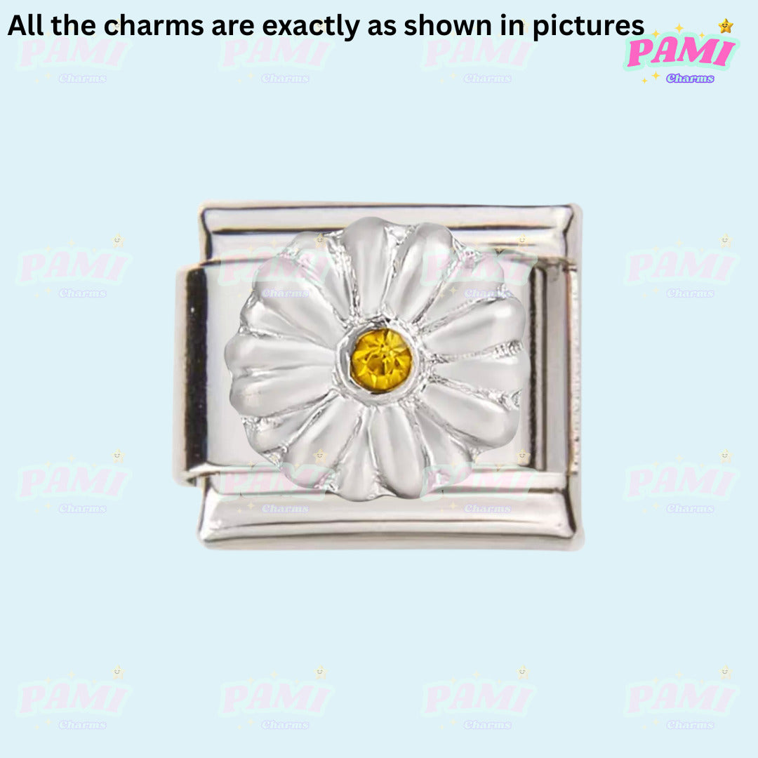 Silver flower charm with yellow centre from Pami Charms italian charms collection