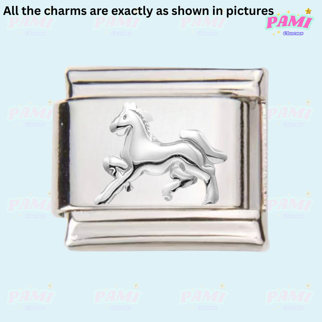 Silver Italian charms featuring a detailed horse design from Pami Charms collection