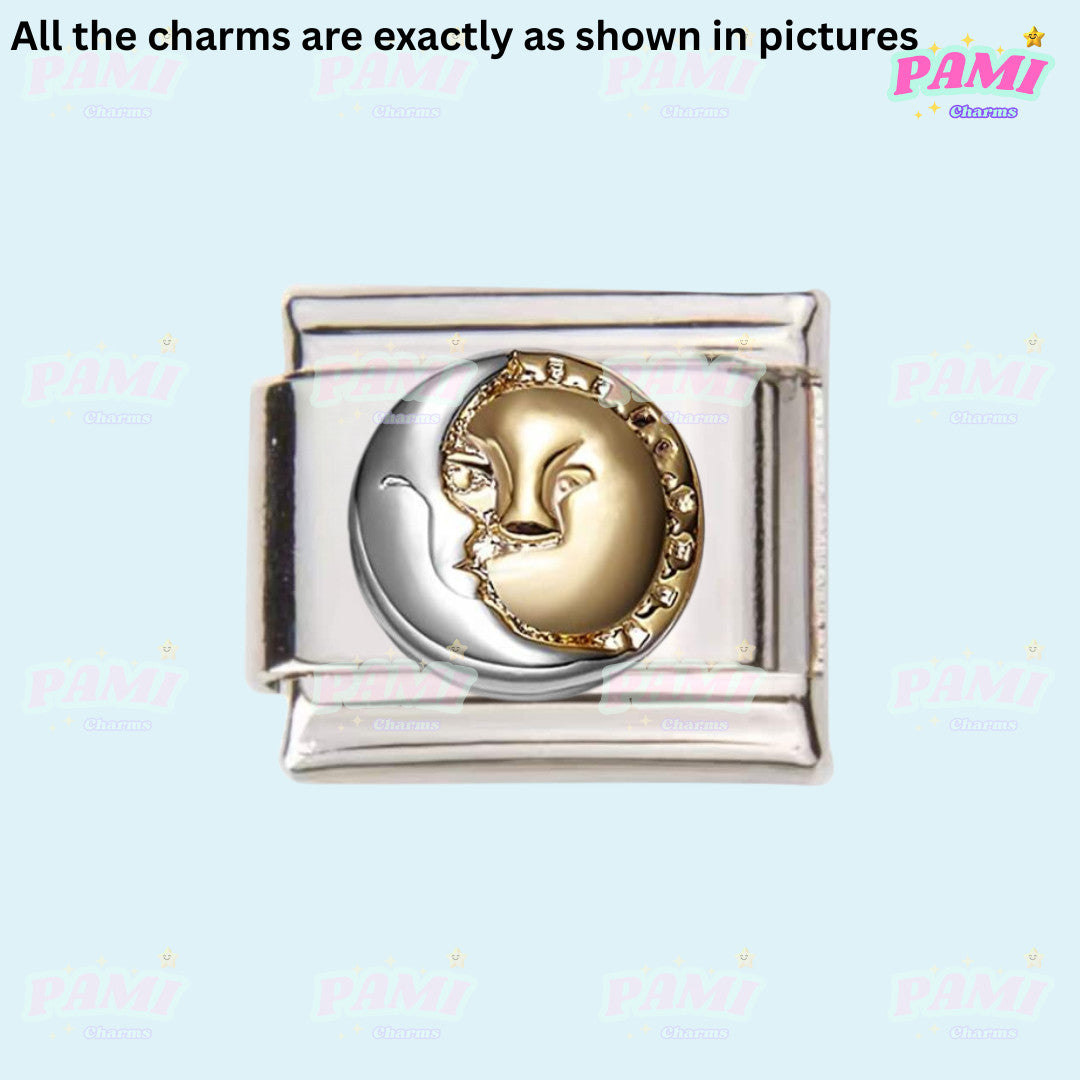 Pami Charms Italian charms featuring a silver and gold moon face design on a rectangular base