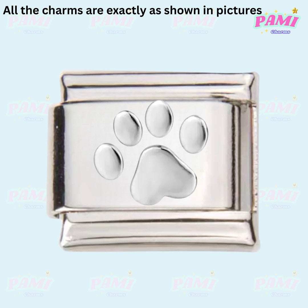 Silver Italian charms with an embossed paw print design for pet lovers