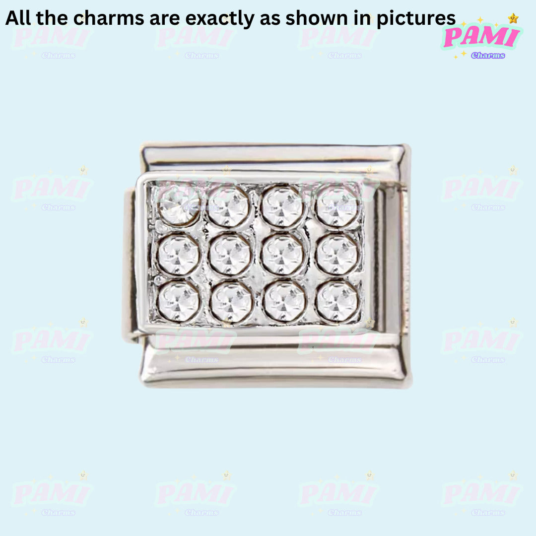 Silver square Italian charms with twelve clear crystals from Pami Charms