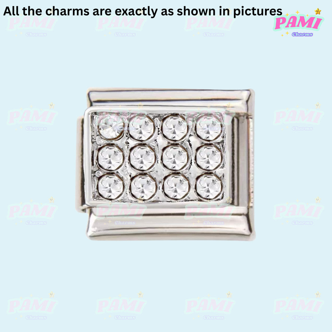 Silver rectangular italian charms with twelve clear crystal stones by Pami Charms