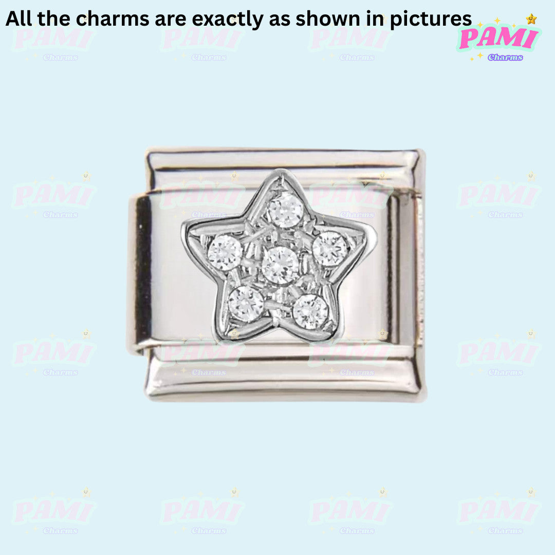 Silver Italian charms featuring a star design with embedded clear crystals by Pami Charms