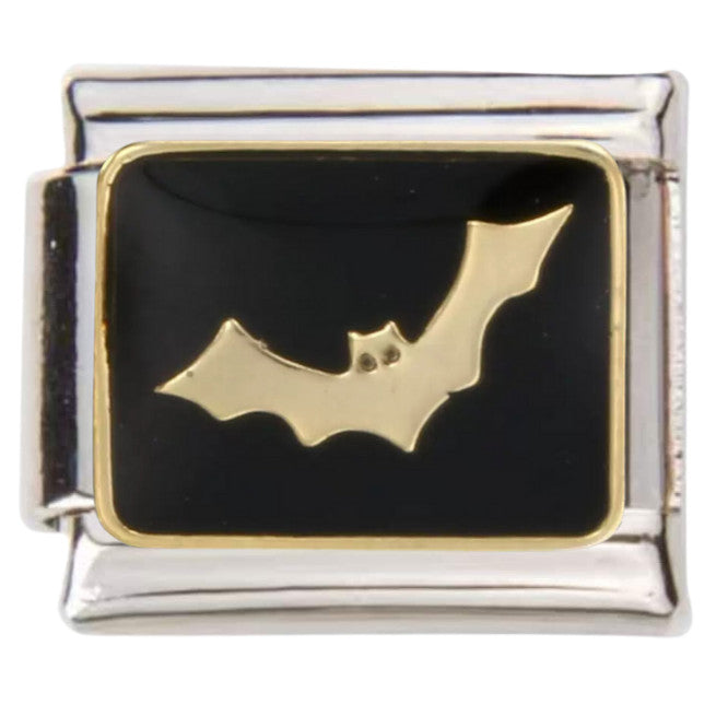 Pami Charms italian charms silver link with black enamel and gold bat design