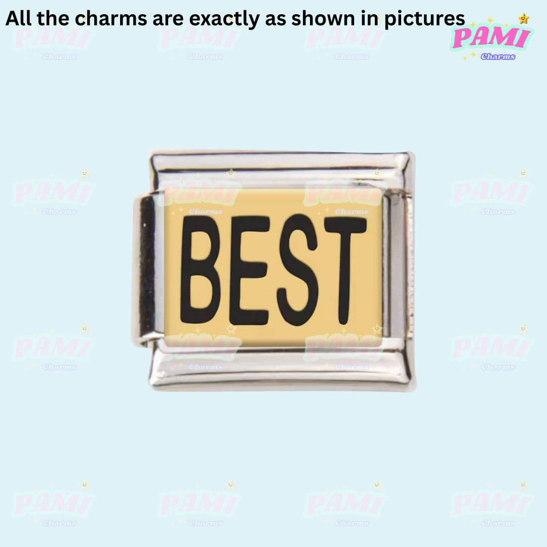 Pami Charms rectangular Italian charm with gold background and black BEST text