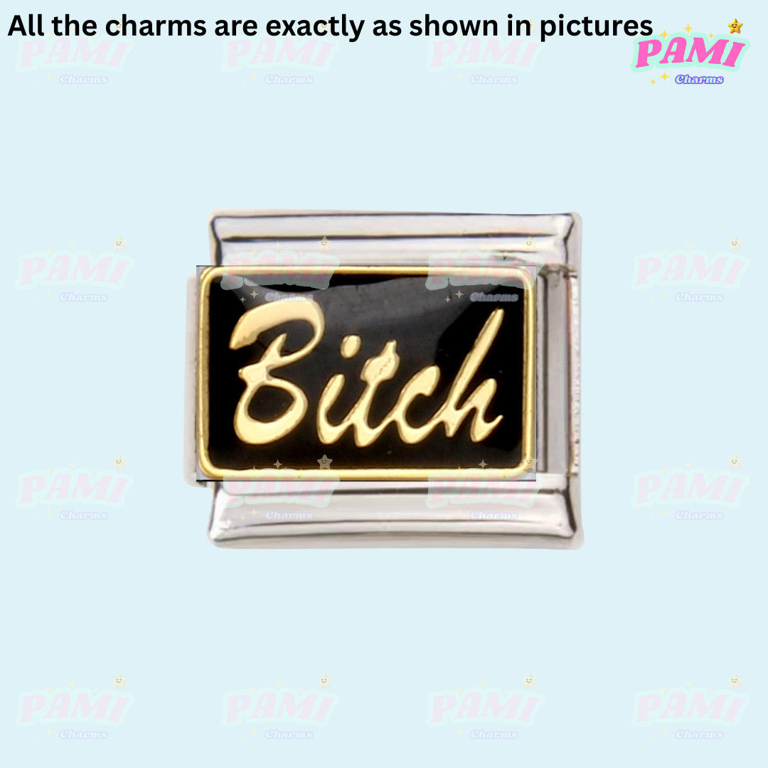 Pami Charms Italian charms black and gold rectangular charm with script text design