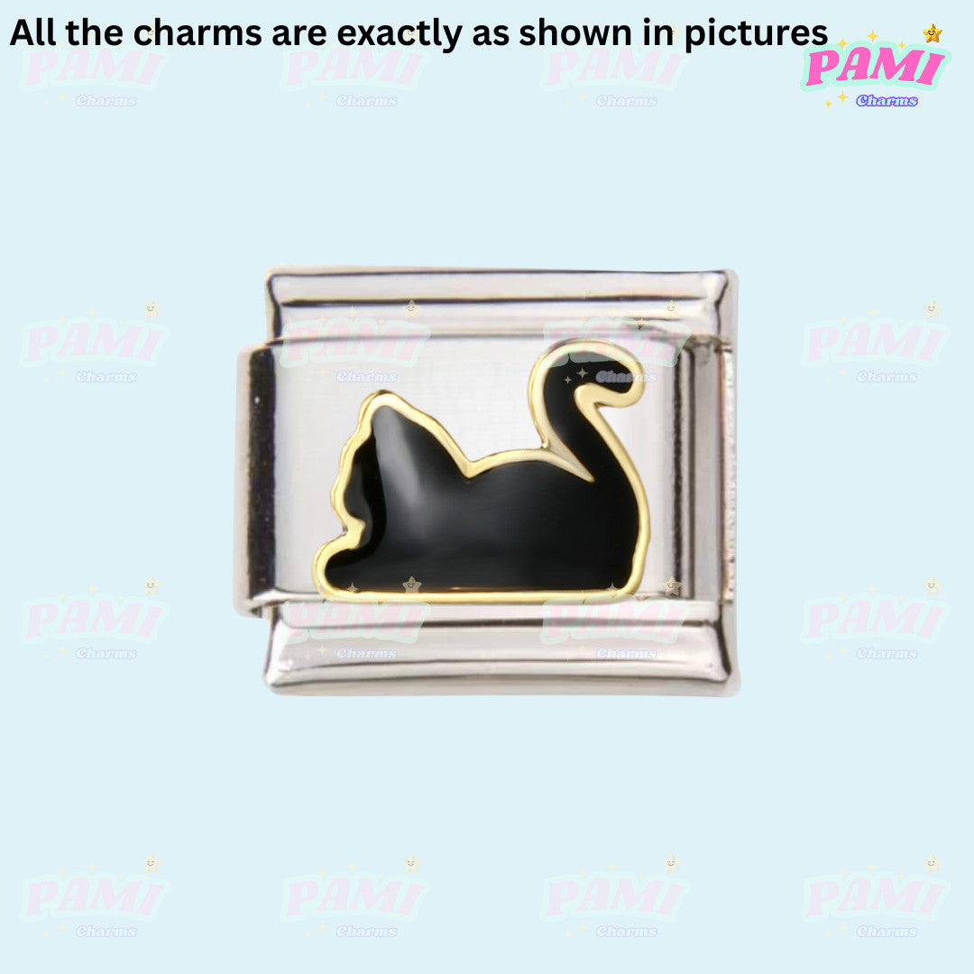 Pami Charms black cat Italian charms with gold outline on silver base charm link