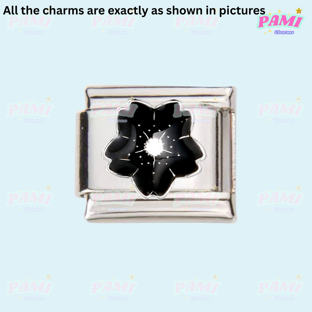 Pami Charms black flower design italian charms with silver detail for bracelet