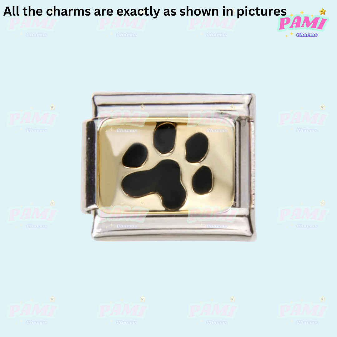 Pami Charms Italian charms featuring a silver and gold design with a black paw print