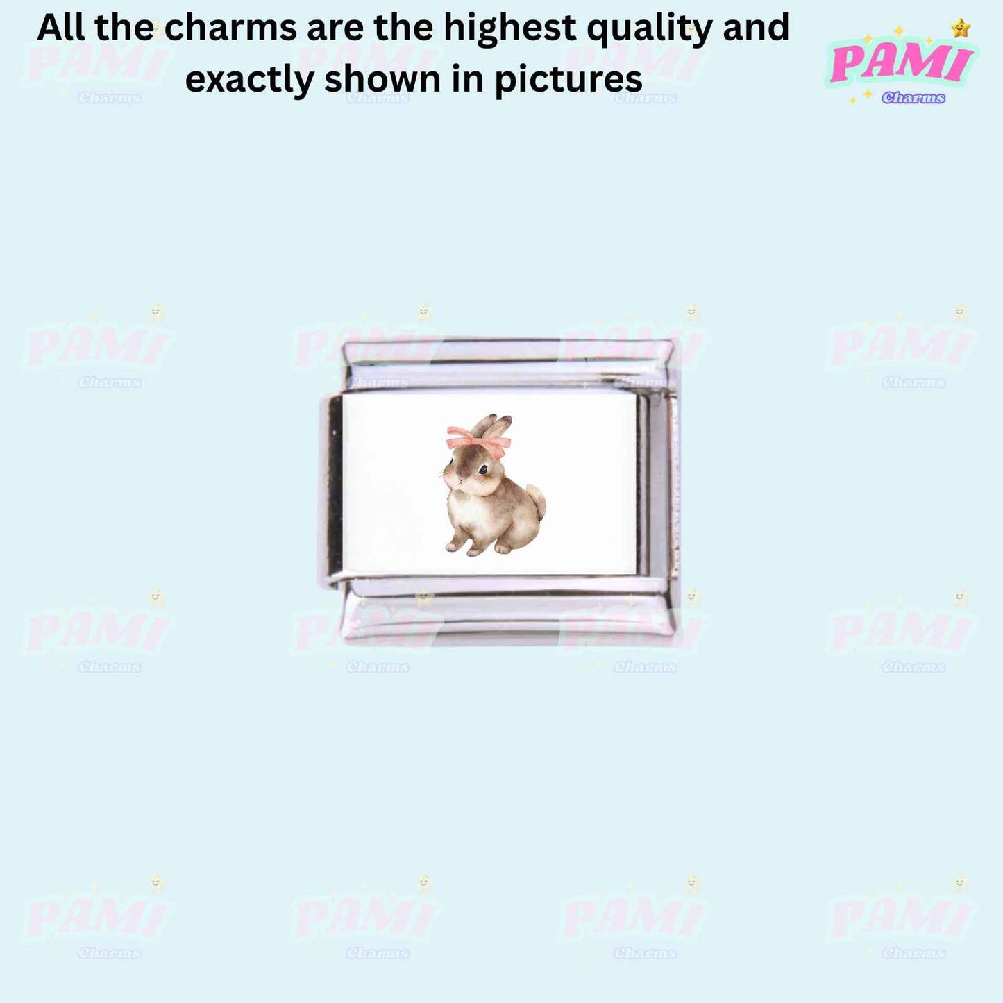 Pami Charms Italian charms with a cute bunny design wearing a pink bow