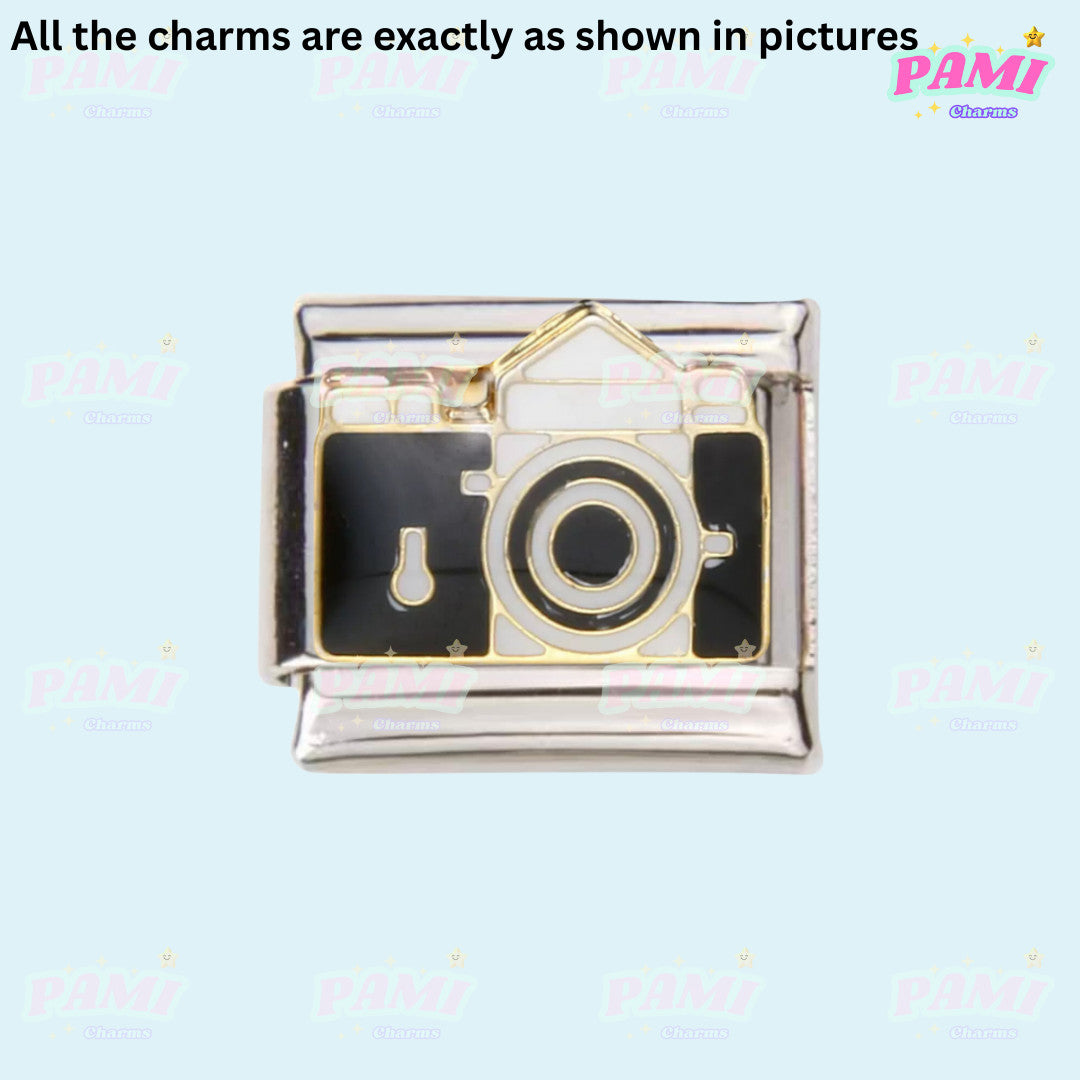 Pami Charms black and gold camera italian charms with detailed lens and buttons design